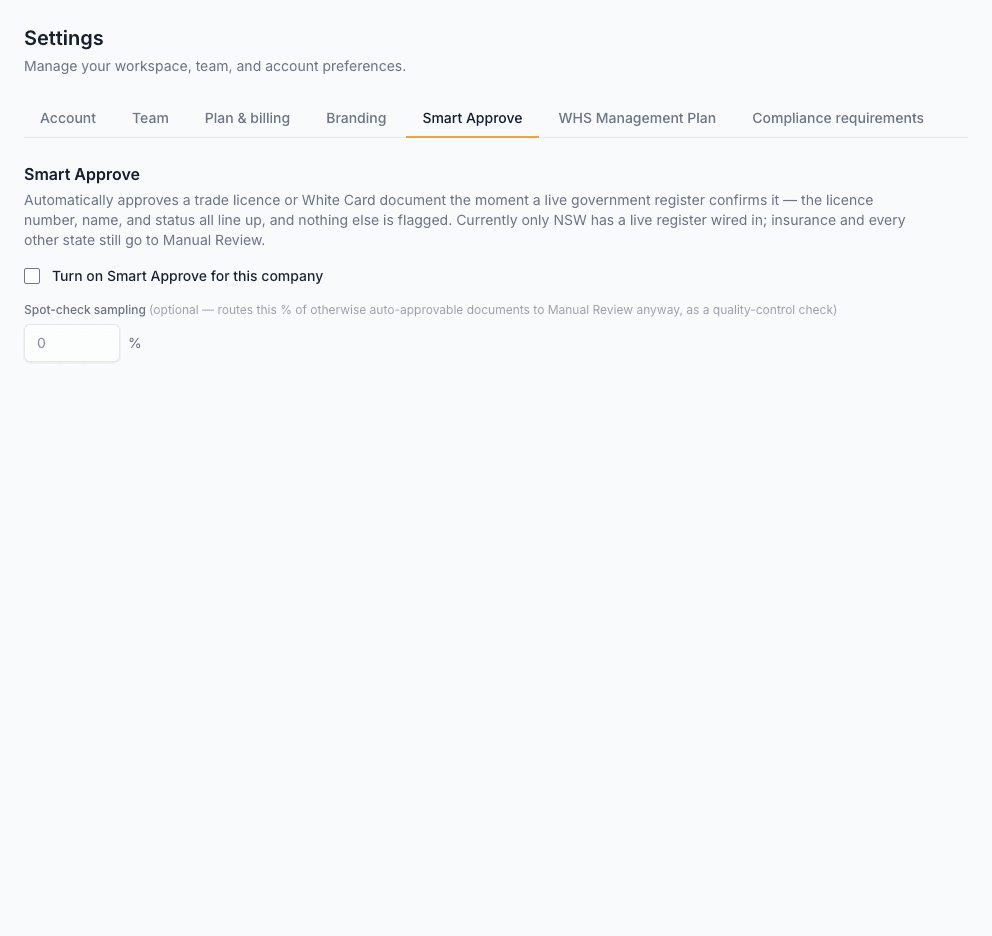 The Smart Approve settings panel showing the toggle and an optional spot-check sampling percentage