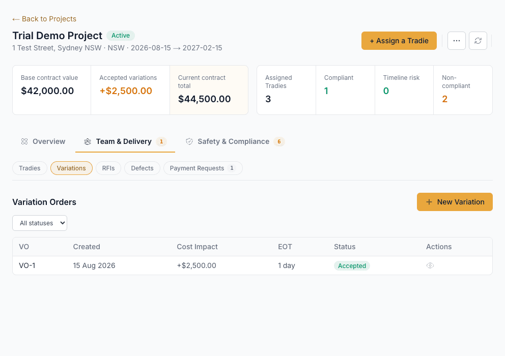 A project's Variation Orders tab showing an accepted variation with its cost impact and extension of time