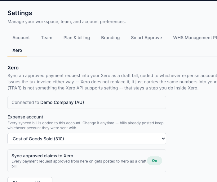The Xero settings panel showing a connected organisation, chosen expense account, and the sync-approved-claims toggle switched on